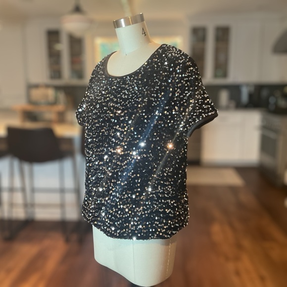 Anna-Kaci Sparkle & Shine Black Sequin Short Sleeve Top Large EUC - Picture 5 of 12